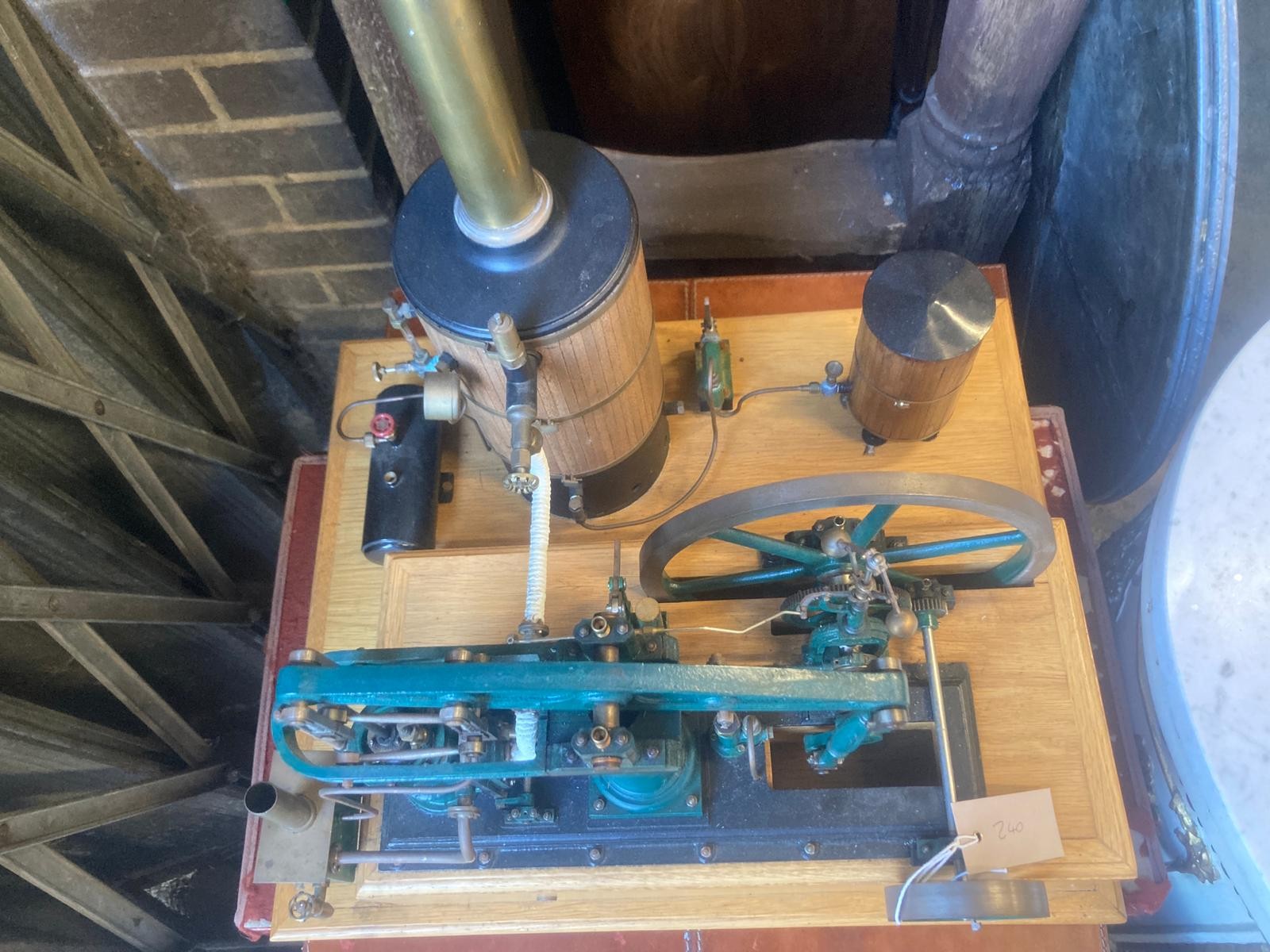 A scratch built live steam scale model Beam Engine and boiler, oak base 53.5 X 44.5 cm